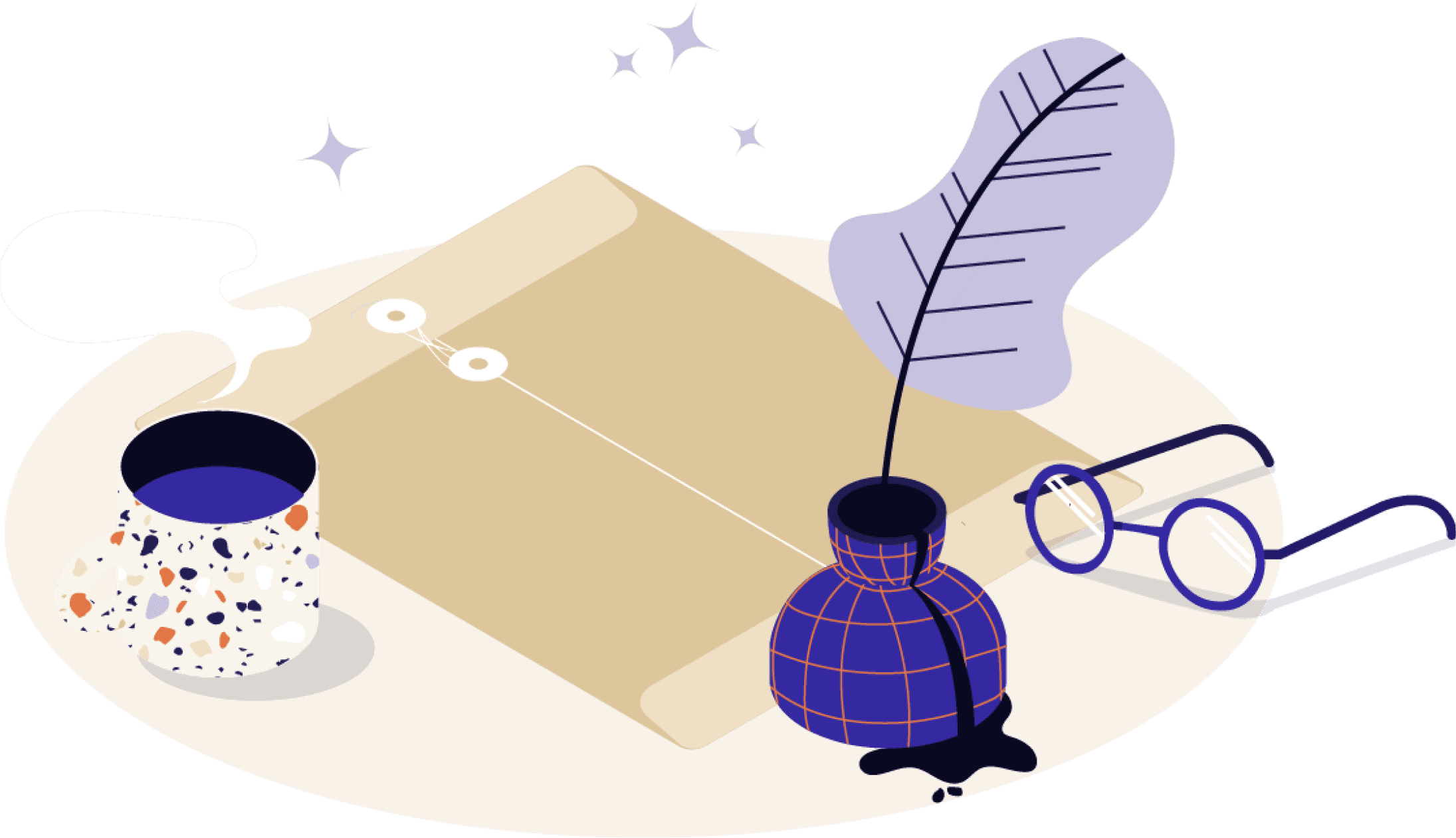 Folder, glasses, coffee, and ink